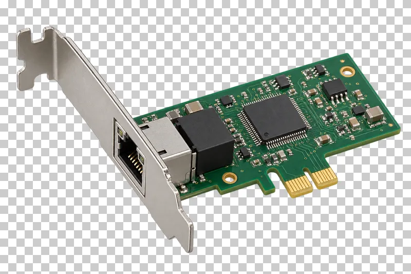 A green Ethernet network card with an RJ45 port, metal bracket and gold PCIe contacts.