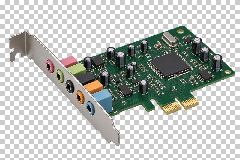 A green sound card with five colored audio jacks and a metal mounting bracket.