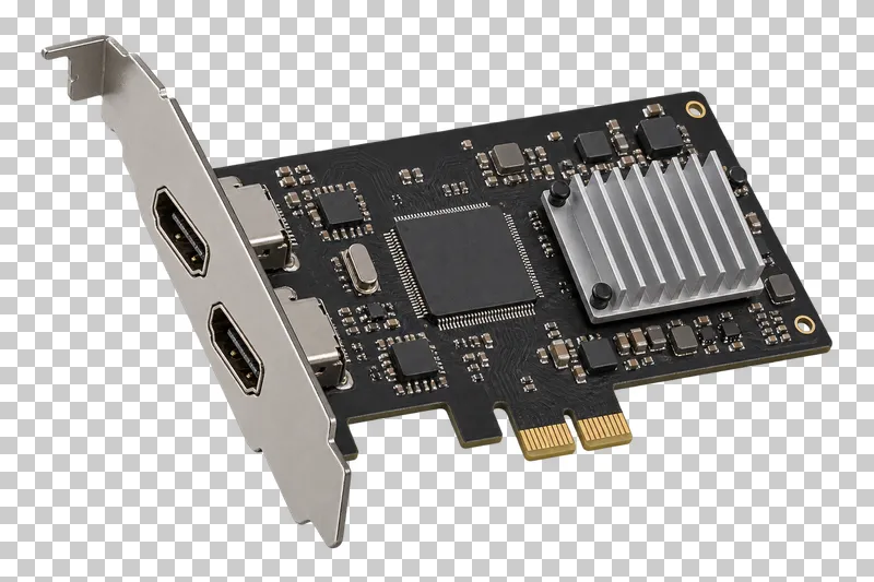 A black video capture card with two HDMI ports, an aluminum heatsink and PCIe contacts.