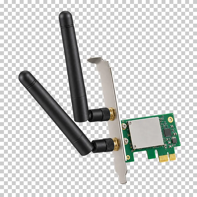 A compact green Wi-Fi card with a metal bracket and two adjustable black antennas.
