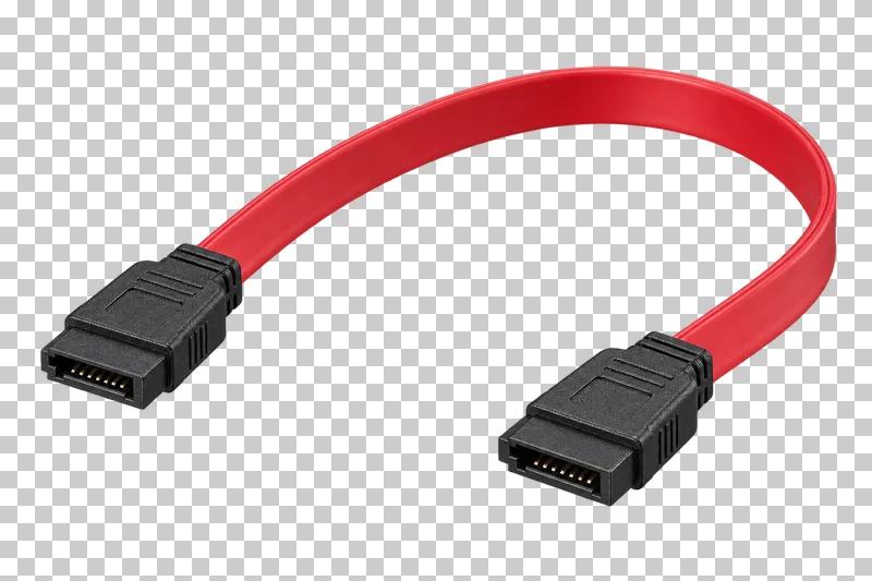 A red SATA data cable in a loose loop with two black keyed connectors.