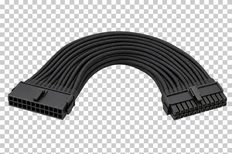 A curved black 24-pin ATX power cable with two rows of connector cavities.