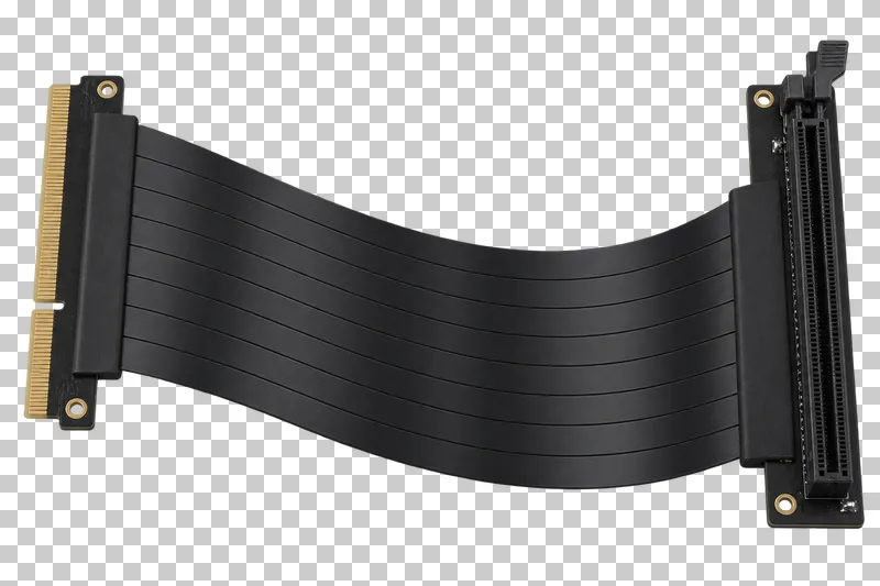 A black PCIe riser ribbon with a gold edge connector and a long expansion socket.