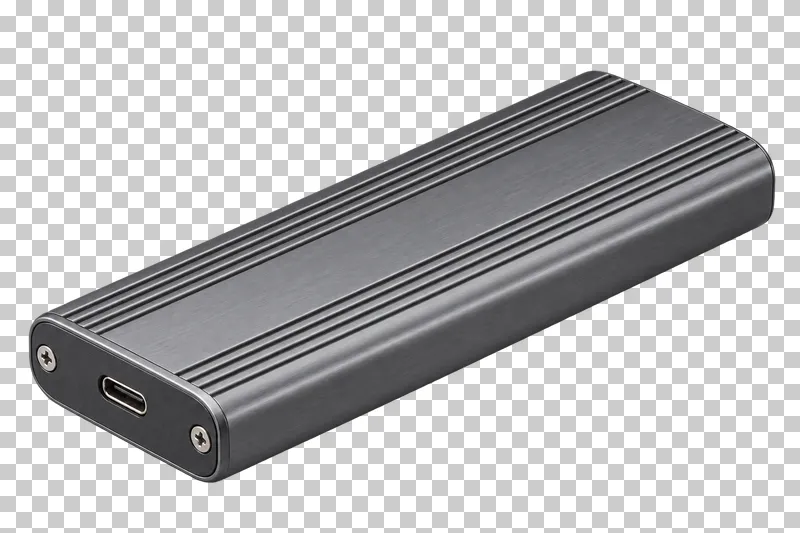 A ribbed aluminum external M.2 drive enclosure with a USB-C port and two screws.