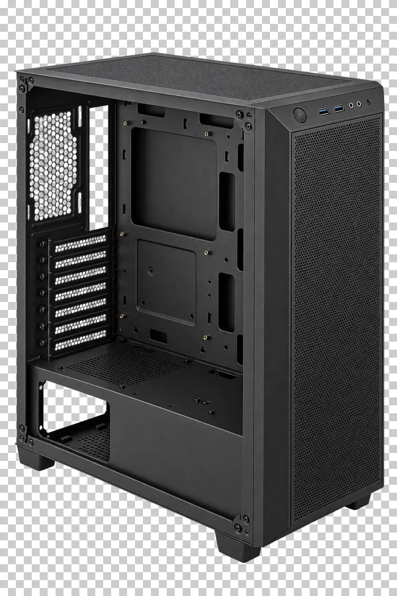 An empty black tower case with an open side, expansion slots and motherboard mounting area.