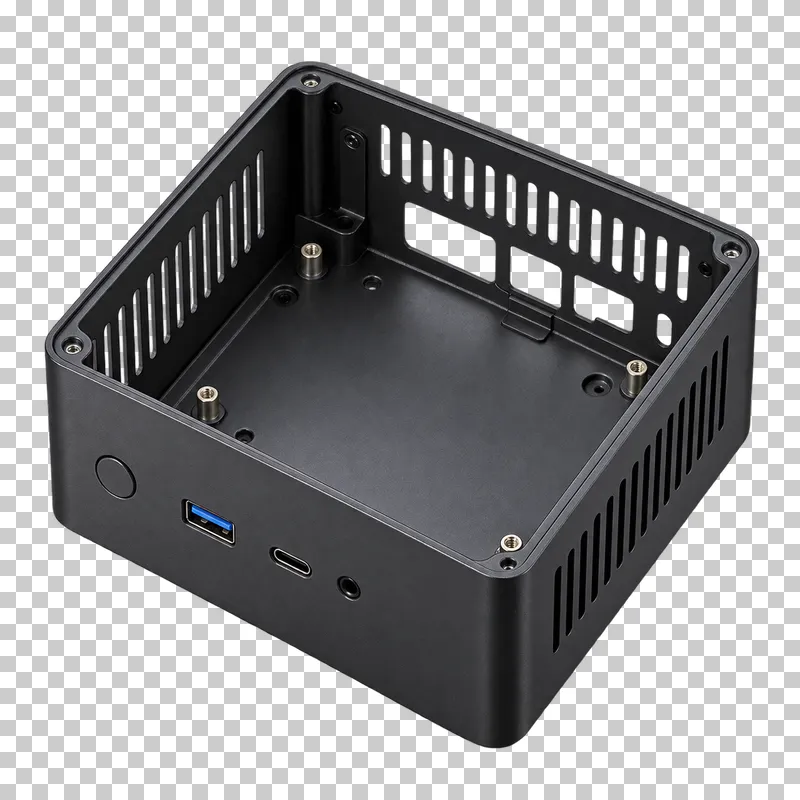 An empty black mini-PC case with an open top, ventilation slots and mounting standoffs.