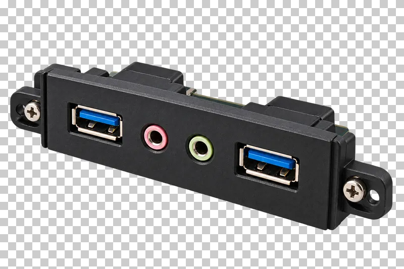 A removable black front port panel with two blue USB-A ports, two audio jacks and mounting screws.