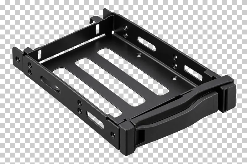 An empty removable drive tray with a black steel frame and front pull handle.