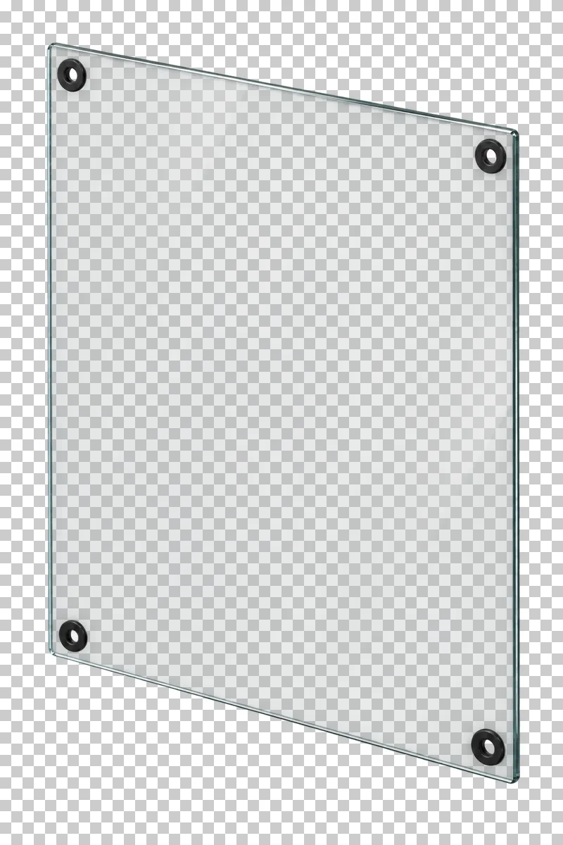 A separate translucent glass case side panel with polished edges and four dark mounting grommets.