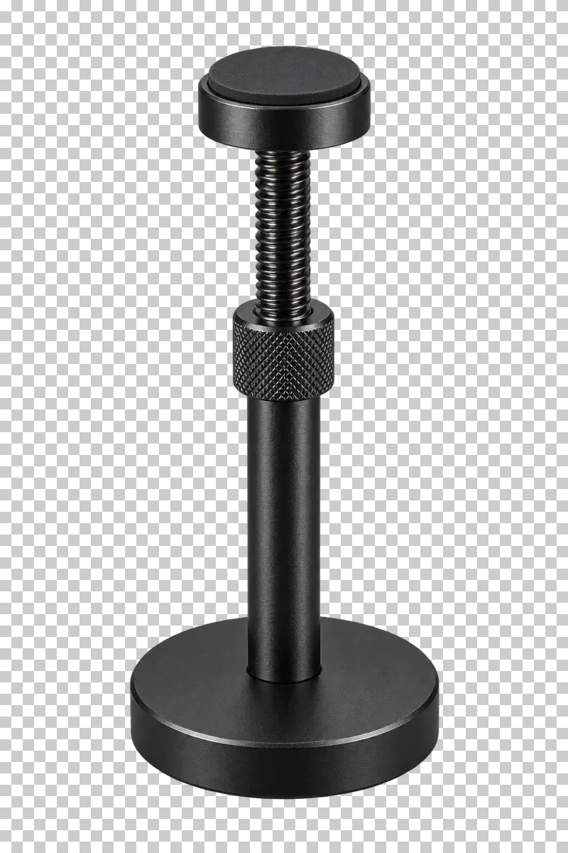 A black adjustable graphics card support post with a threaded shaft and round support pad.