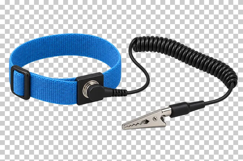 A blue antistatic wrist strap with an attached coiled grounding cord and metal alligator clip.