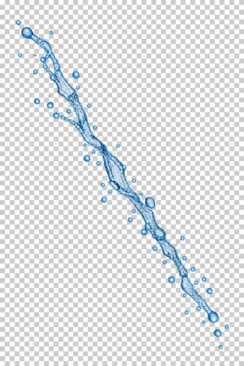 A thin diagonal water jet with a few trailing droplets.