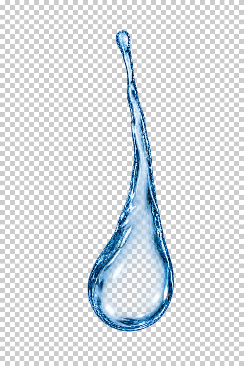 An elongated falling water droplet with a narrow tapered tail.