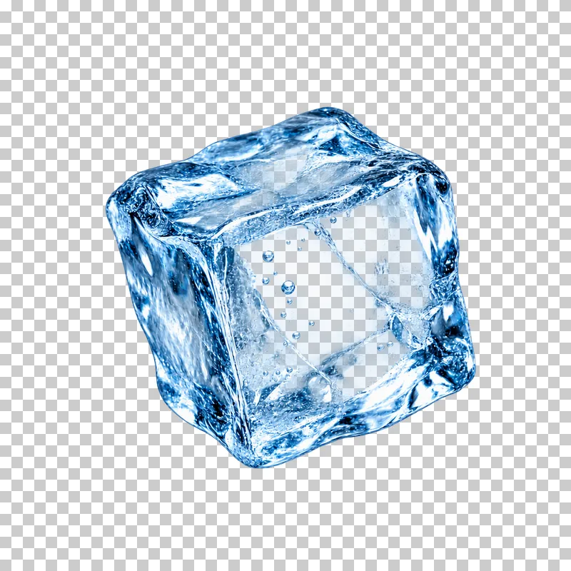 A single ice cube with rounded edges, bubbles and small internal cracks.