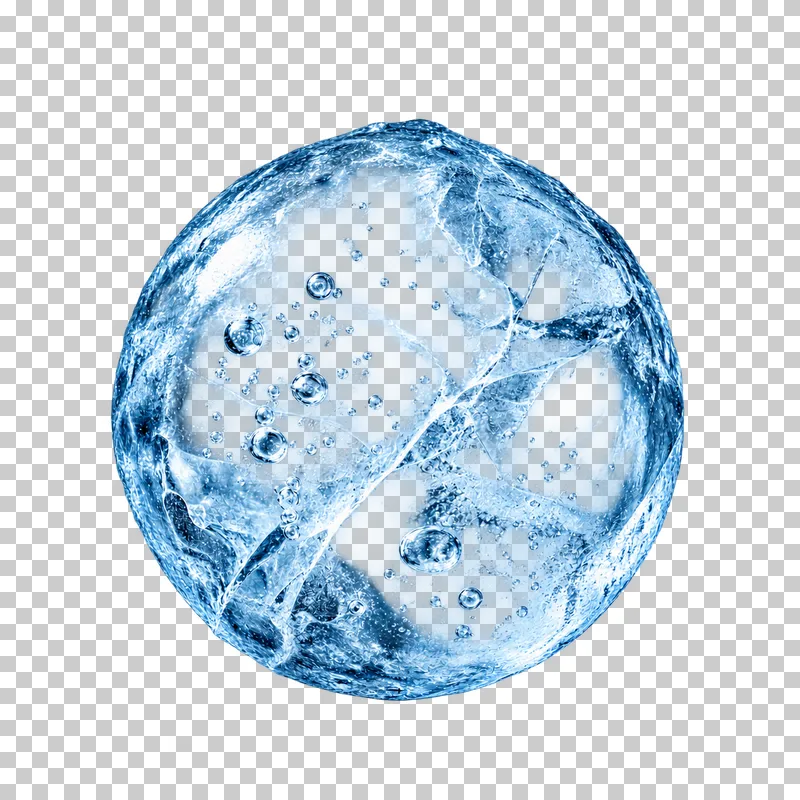 An ice sphere with bubbles, fine fractures and cool reflections.