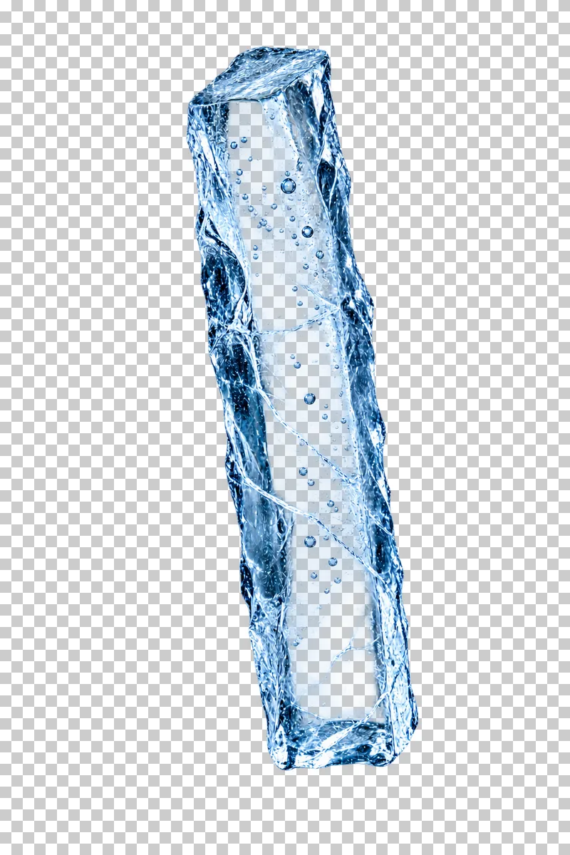An elongated ice column with uneven edges and small internal bubbles.