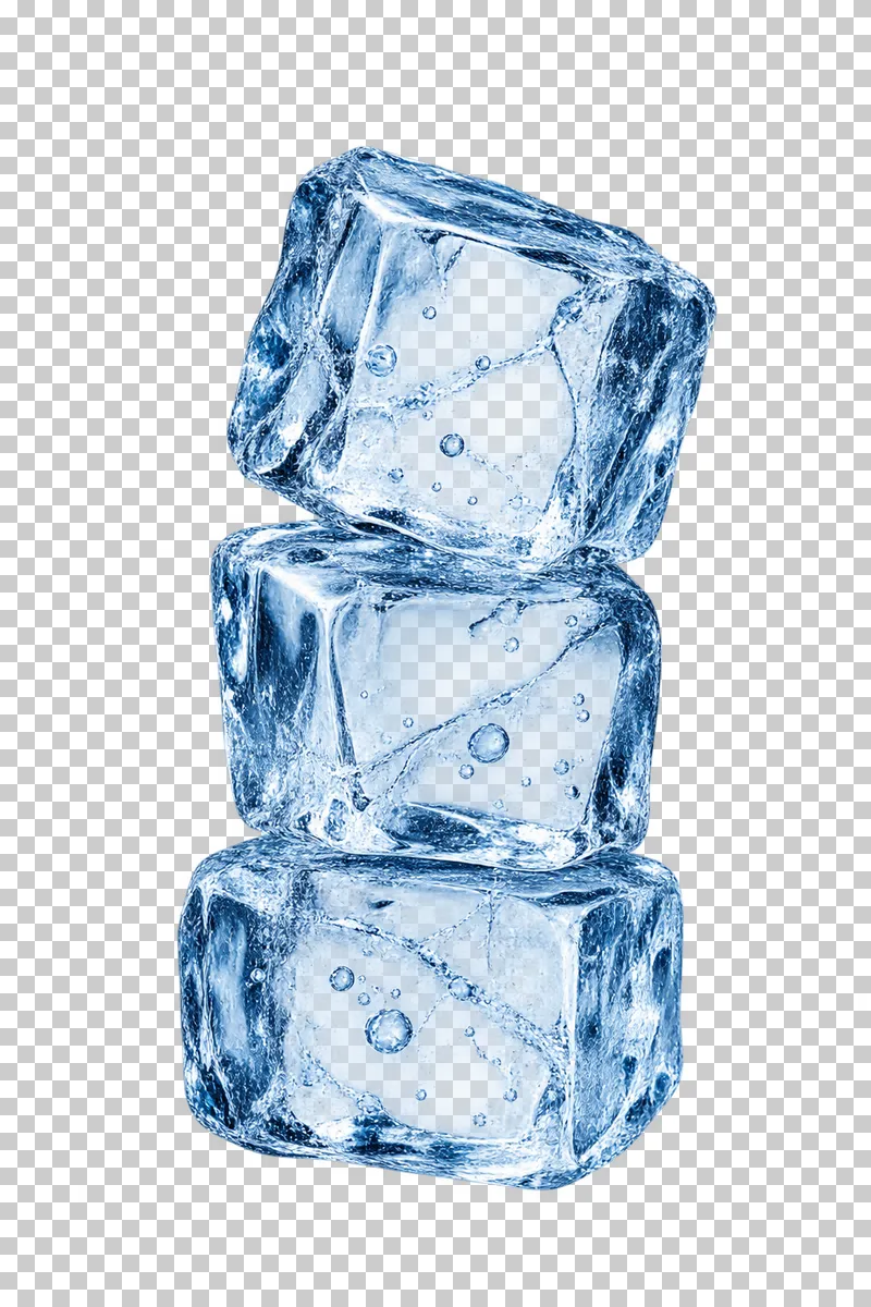 Three ice cubes stacked vertically with irregular surfaces and cracks.