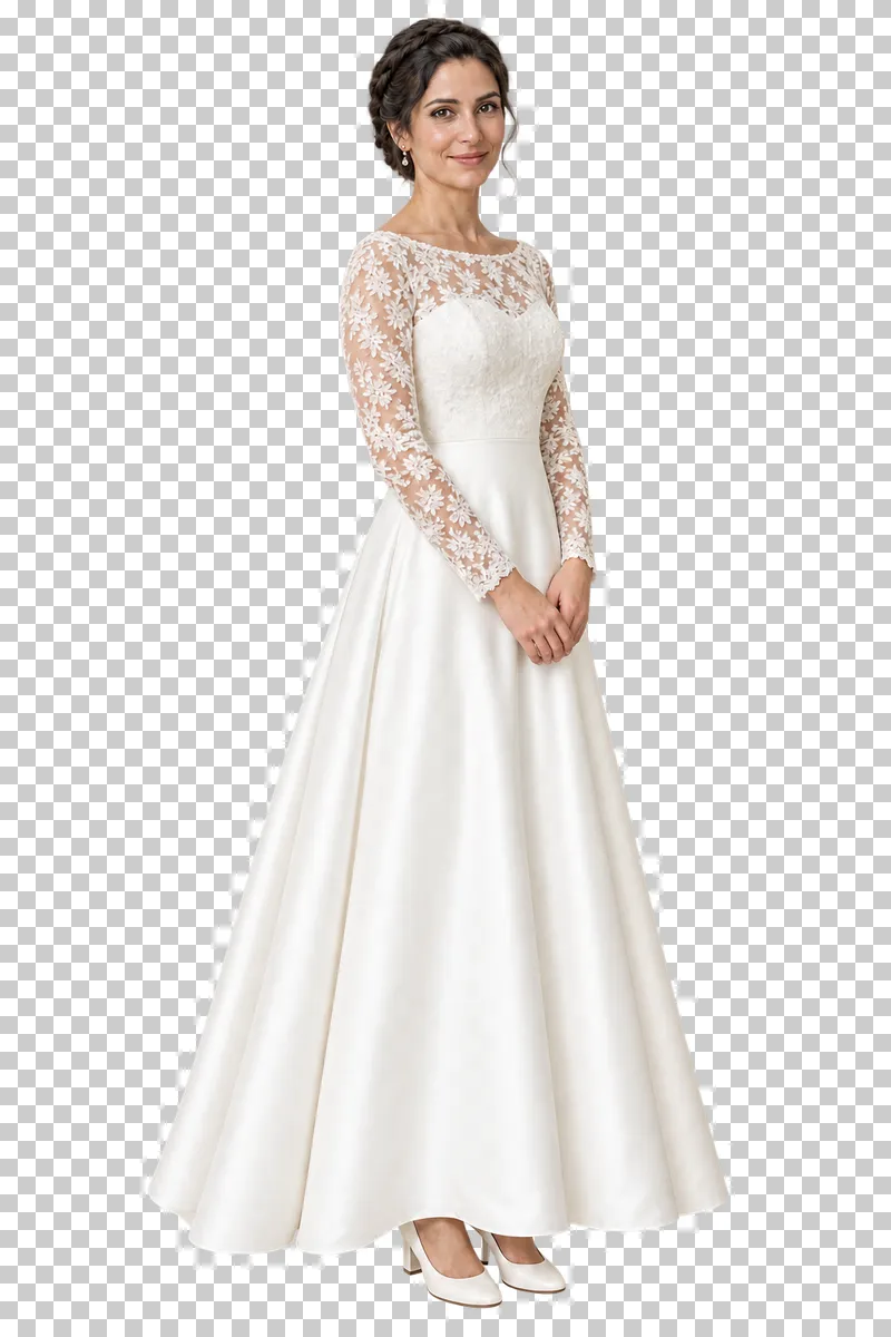 Bride long sleeves, full-length photorealistic wedding people cutout.