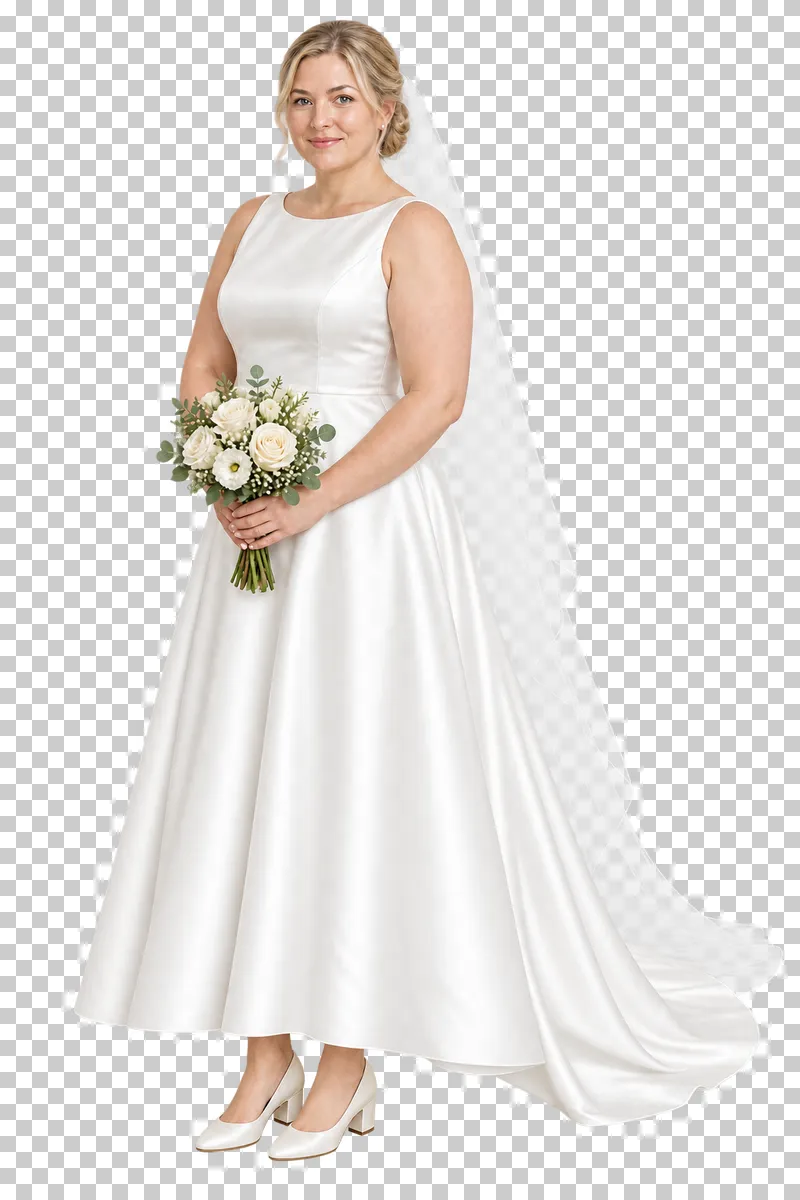 Bride small train, full-length photorealistic wedding people cutout.