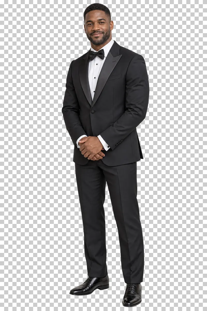 Groom black tuxedo, full-length photorealistic wedding people cutout.