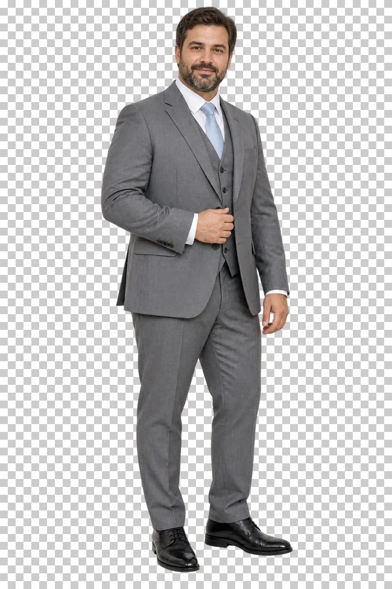 Groom gray three piece, full-length photorealistic wedding people cutout.