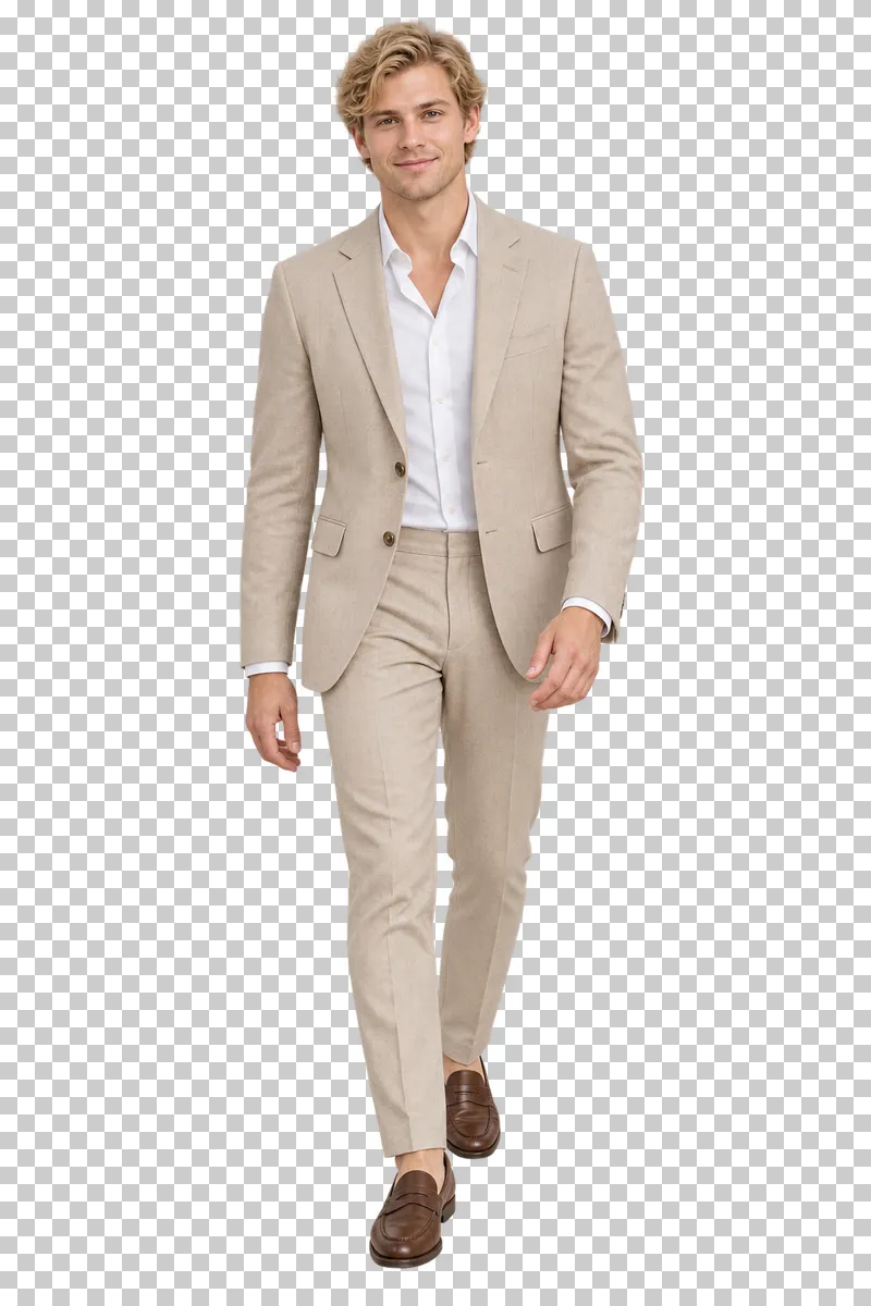 Groom beige suit, full-length photorealistic wedding people cutout.