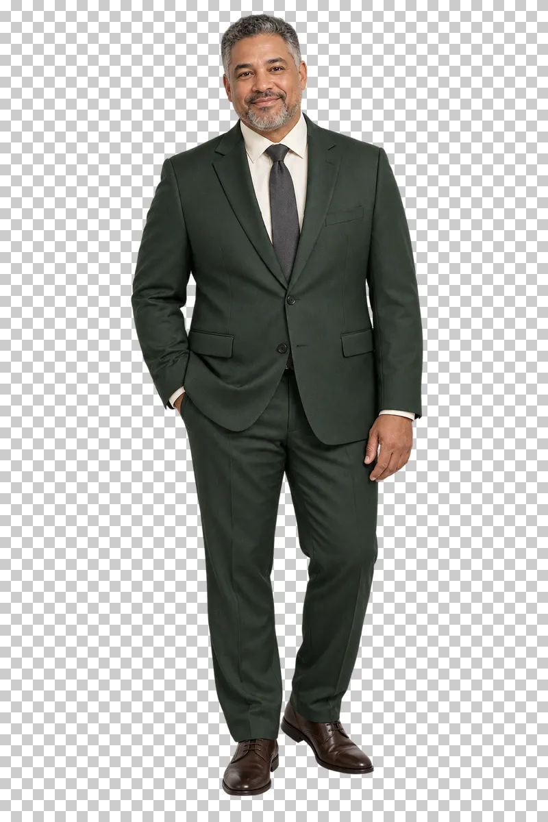 Groom dark green suit, full-length photorealistic wedding people cutout.