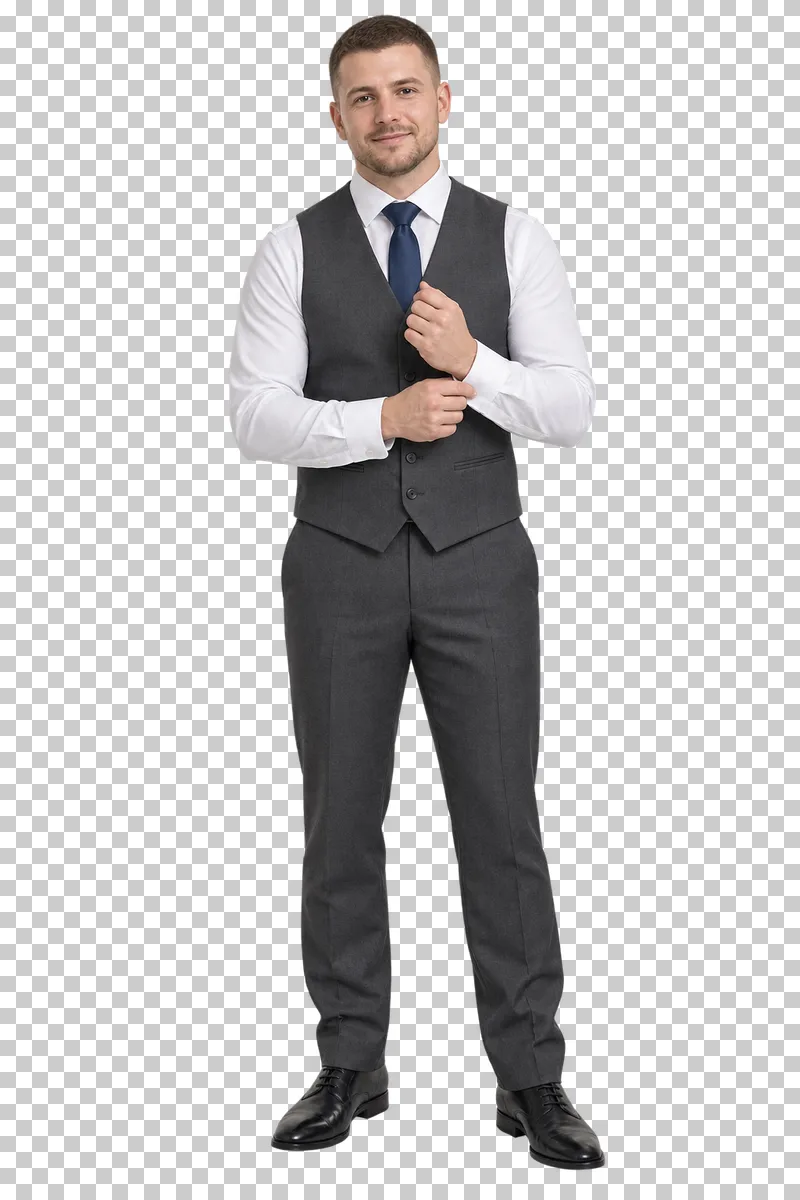 Groom charcoal waistcoat, full-length photorealistic wedding people cutout.