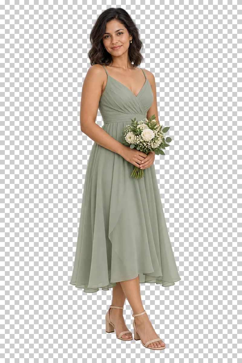 Bridesmaid sage chiffon, full-length photorealistic wedding people cutout.