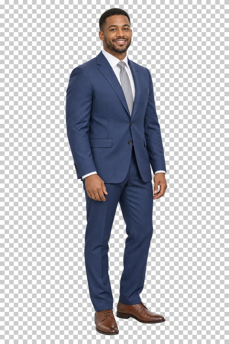 Groomsman blue suit, full-length photorealistic wedding people cutout.