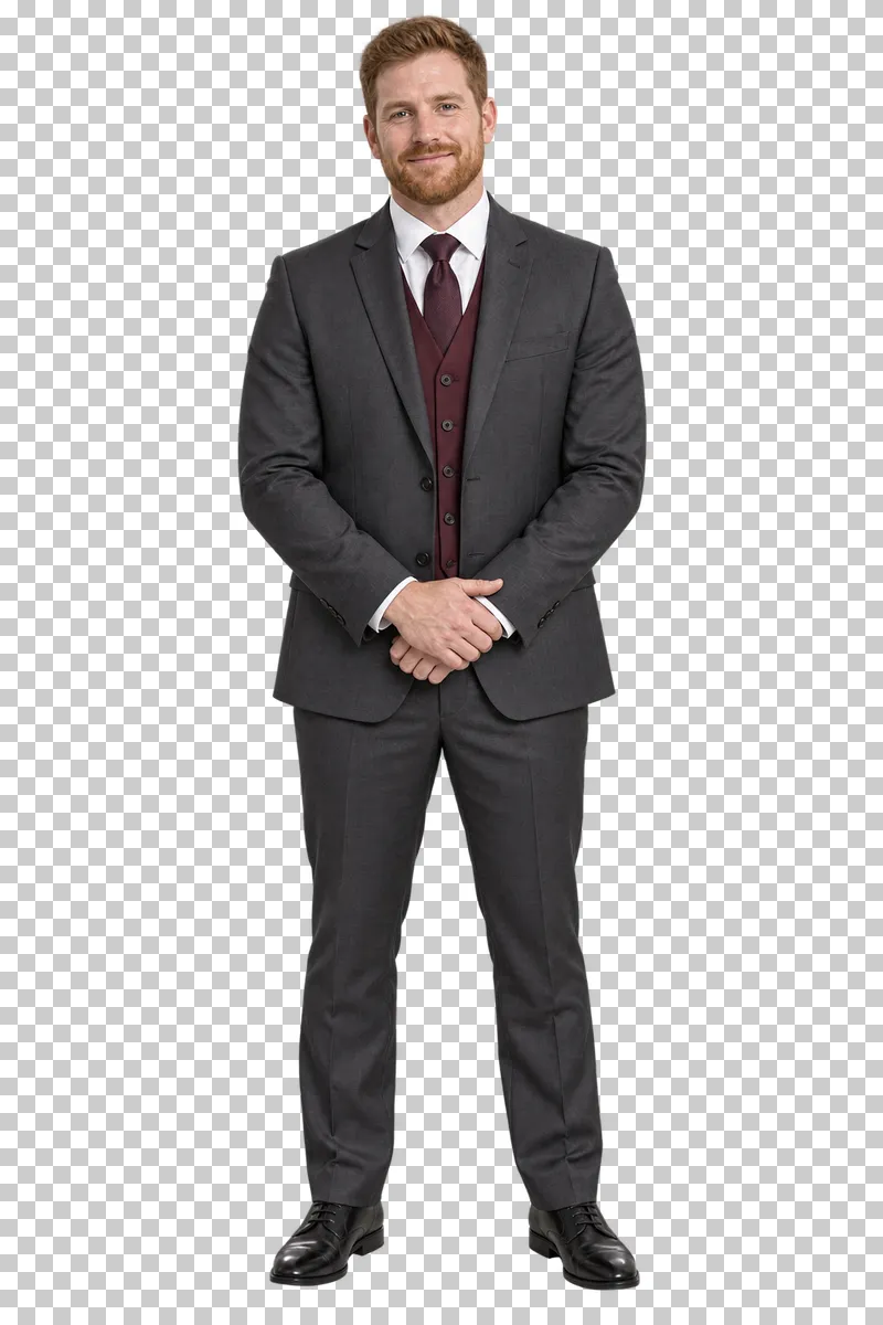 Groomsman burgundy waistcoat, full-length photorealistic wedding people cutout.