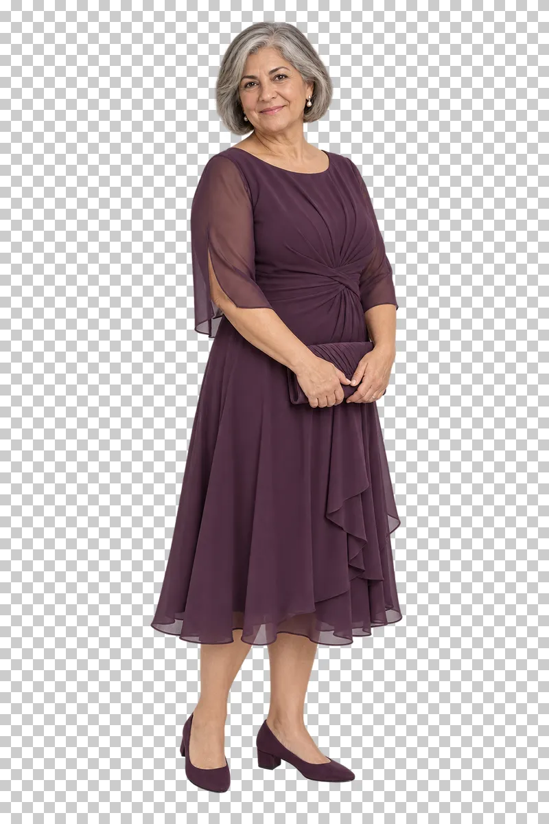 Older guest plum dress, full-length photorealistic wedding people cutout.