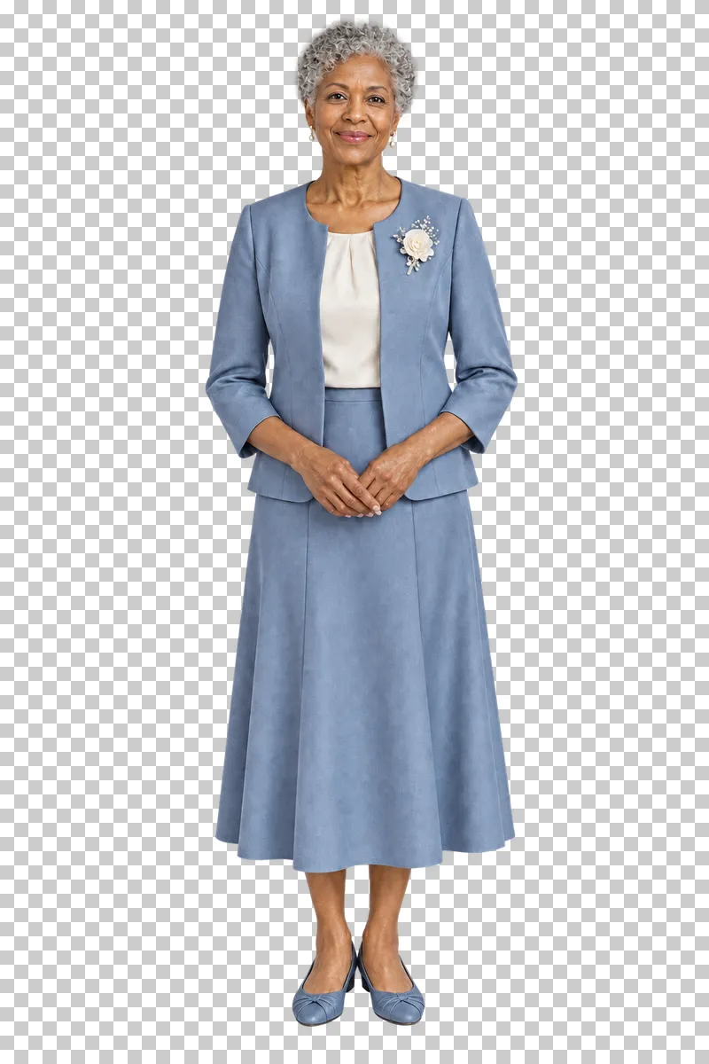 Older guest blue skirt suit, full-length photorealistic wedding people cutout.