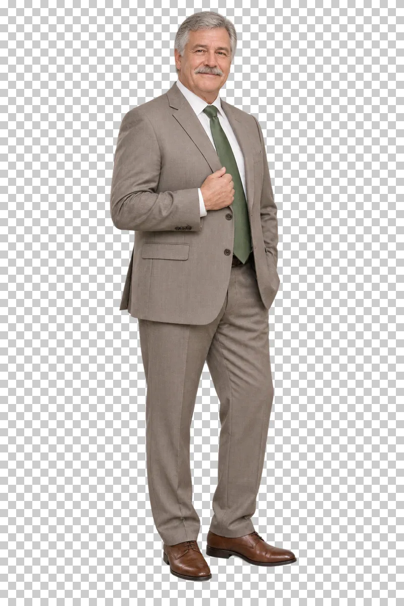 Older guest taupe suit, full-length photorealistic wedding people cutout.