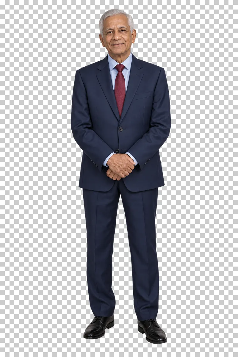 Older guest navy suit, full-length photorealistic wedding people cutout.