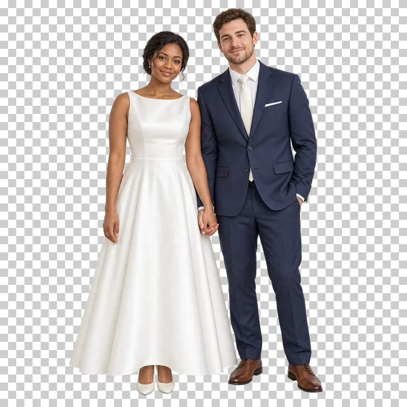 Couple holding hands, full-length photorealistic wedding people cutout.