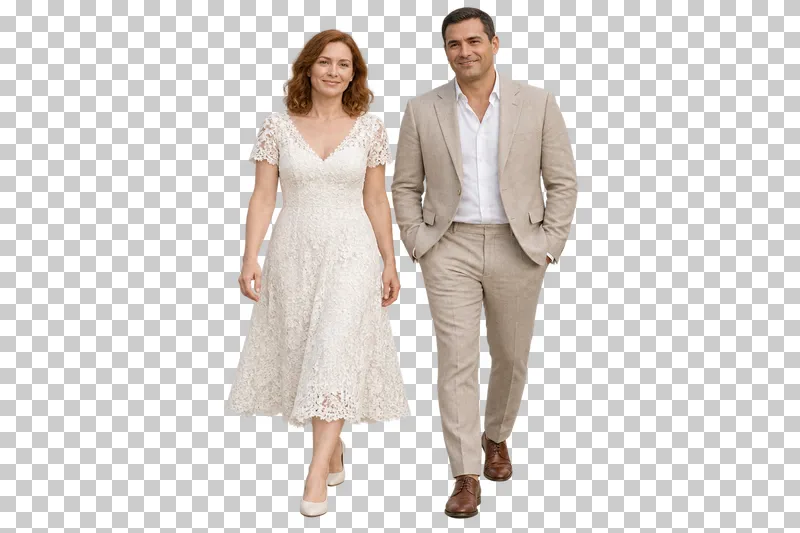 Couple calm walk, full-length photorealistic wedding people cutout.