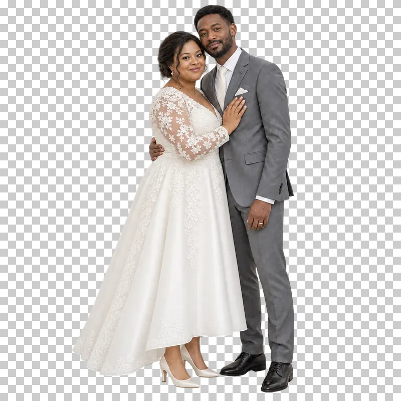 Couple gentle embrace, full-length photorealistic wedding people cutout.