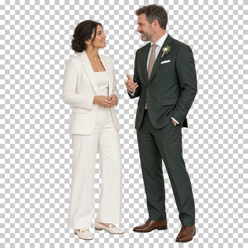 Couple face to face, full-length photorealistic wedding people cutout.