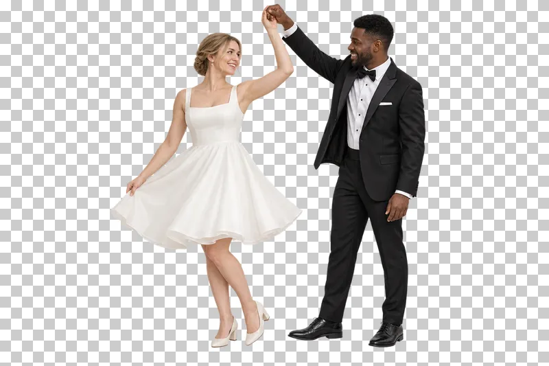 Couple gentle dance turn, full-length photorealistic wedding people cutout.