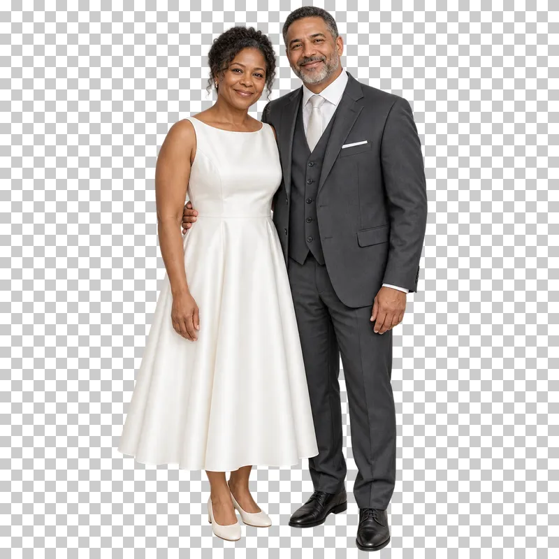Couple relaxed portrait, full-length photorealistic wedding people cutout.