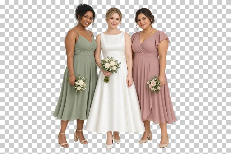 Bride two bridesmaids, full-length photorealistic wedding people cutout.