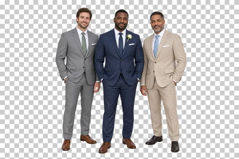 Groom two groomsmen, full-length photorealistic wedding people cutout.