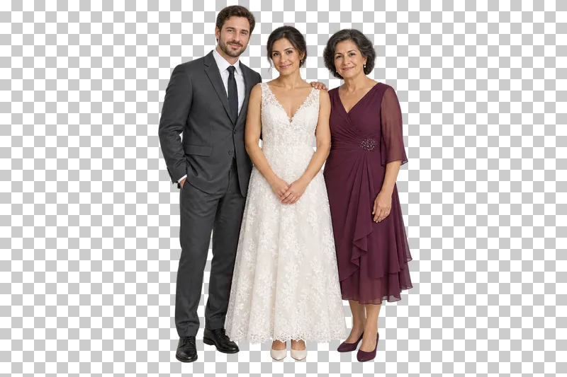 Newlyweds with mother, full-length photorealistic wedding people cutout.