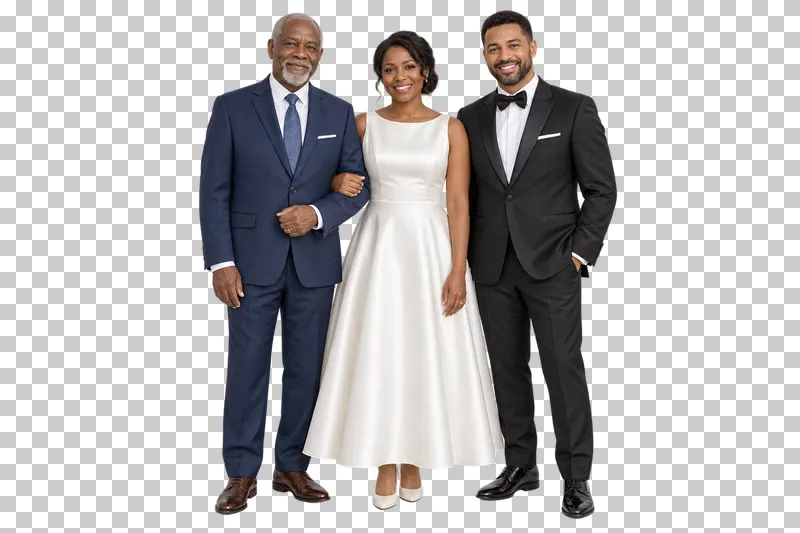 Newlyweds with father, full-length photorealistic wedding people cutout.