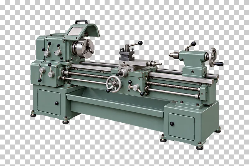 A complete conventional lathe with its integral base, photographed from a three-quarter view and isolated on a transparent background.