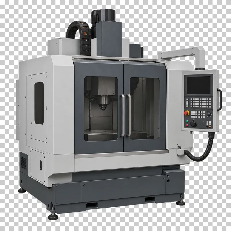 A complete enclosed cnc milling center with its integral base, photographed from a three-quarter view and isolated on a transparent background.