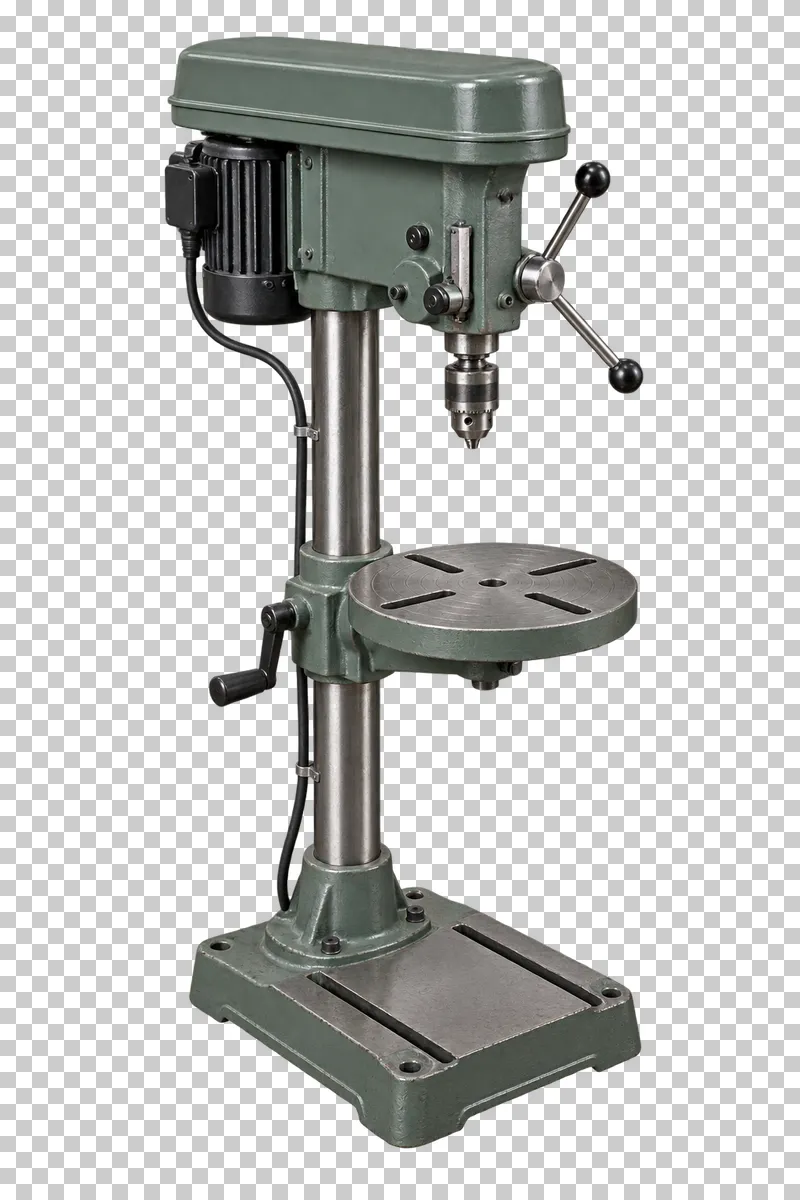 A complete floor drill press with its integral base, photographed from a three-quarter view and isolated on a transparent background.