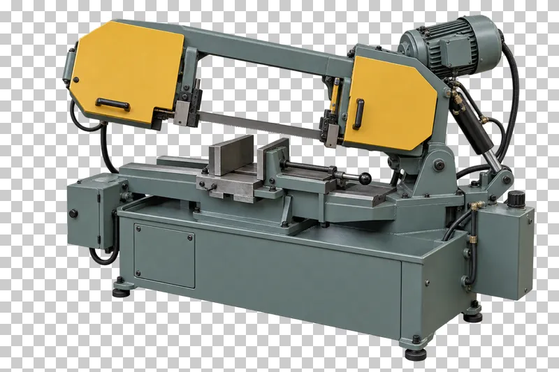 A complete horizontal metal bandsaw with its integral base, photographed from a three-quarter view and isolated on a transparent background.