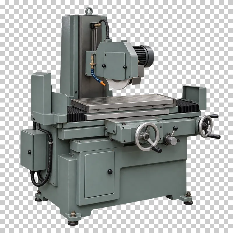 A complete surface grinder with its integral base, photographed from a three-quarter view and isolated on a transparent background.